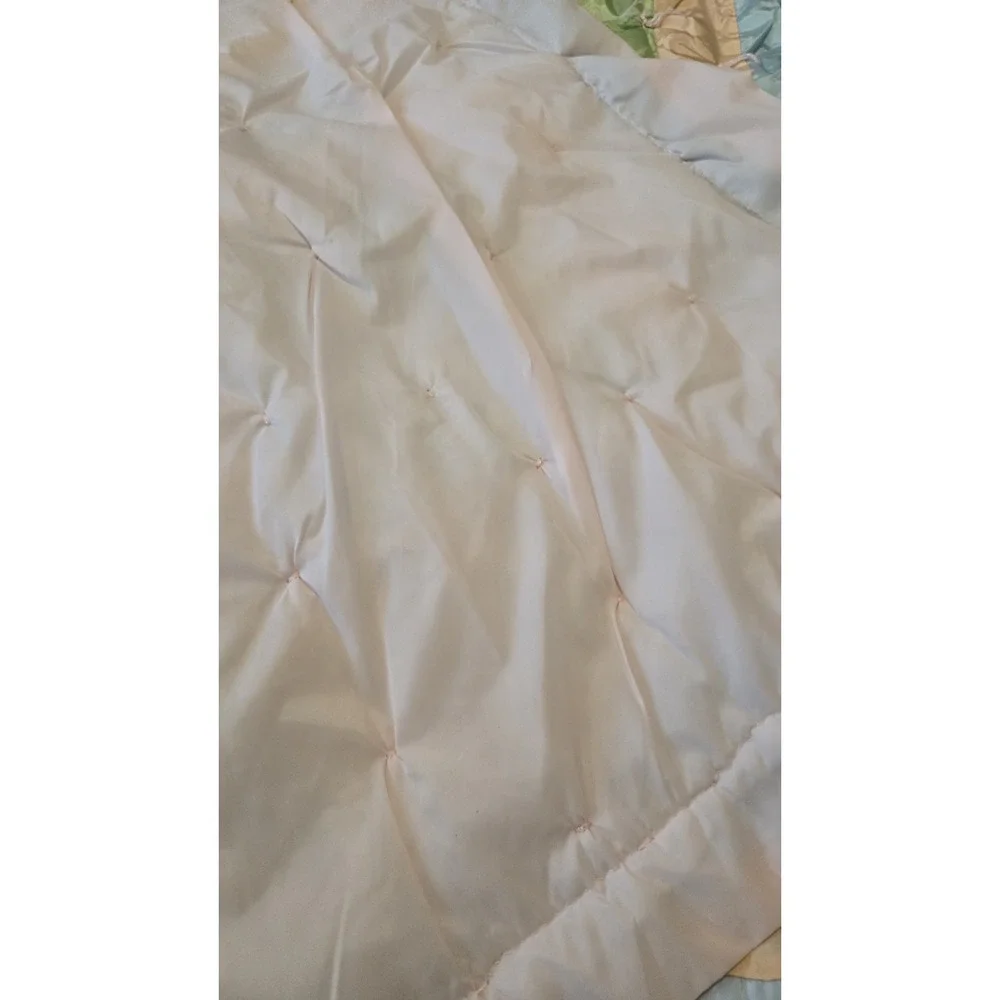 Vintage Handmade Quilt 72x89 Retro Nylon Silky Material Pastel Patchwork Blanket